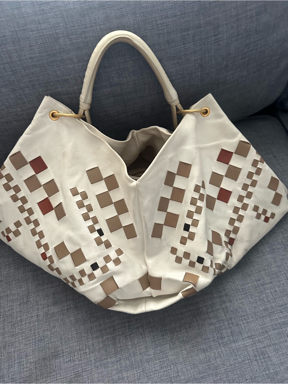 Bottega Veneta Cream Tote with Tan and Brown Woven Accents